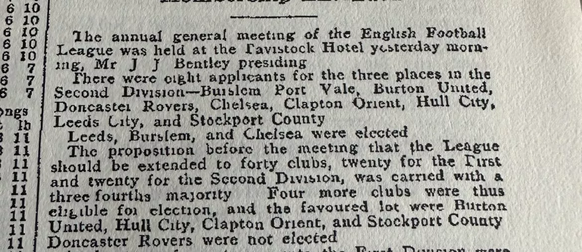 Leeds City was voted to the English Football League's Second Division alongside Port Vale and Chelsea at the annual general meeting in 1905.